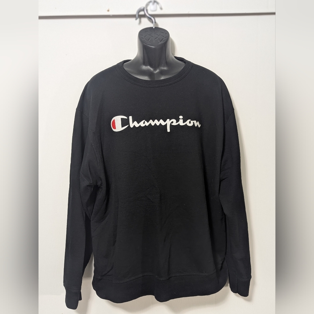 Men's Champion Black Sweatshirt Cotton Polyester Sweater Spell Out Logo Size 2XL
